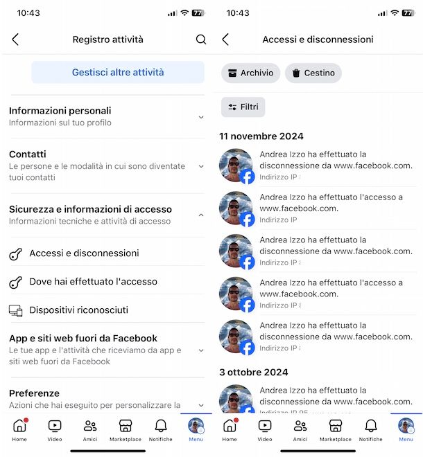Vedere cronologia accessi Facebook
