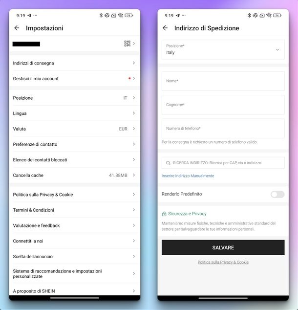 Cambiare indirizzo spedizione SHEIN Android