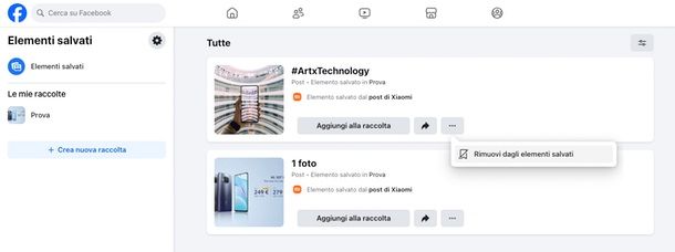 come eliminare gli elementi salvati su Facebook PC