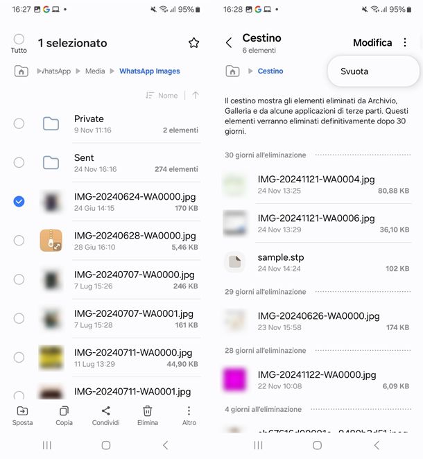 come svuotare cestino WhatsApp Samsung