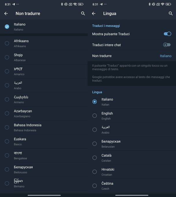 Attivare traduzione messaggi Telegram Android