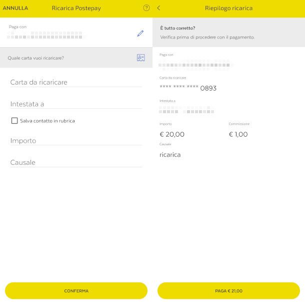 ricarica Postepay da app BancoPosta