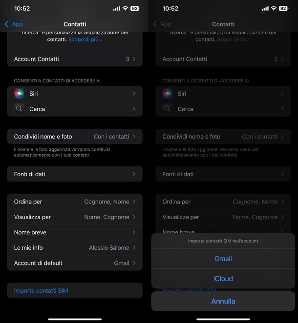 Importazione contatti SIM Gmail