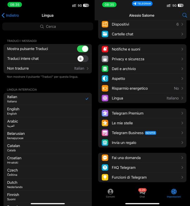 Cambiare lingua Telegram iPhone