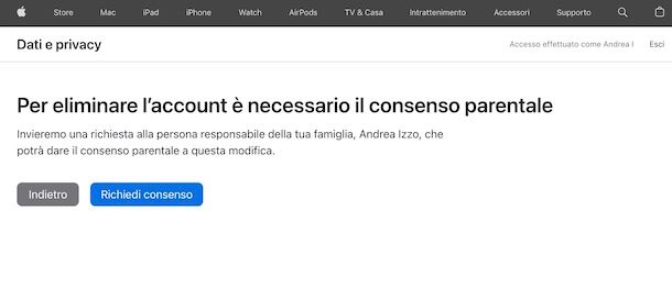 Eliminare account Apple per bambini