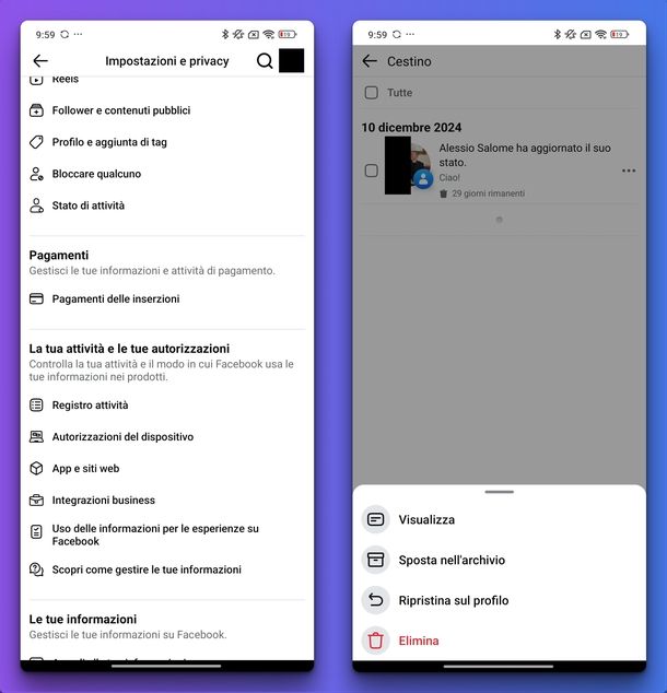 Post cancellato Facebook Android