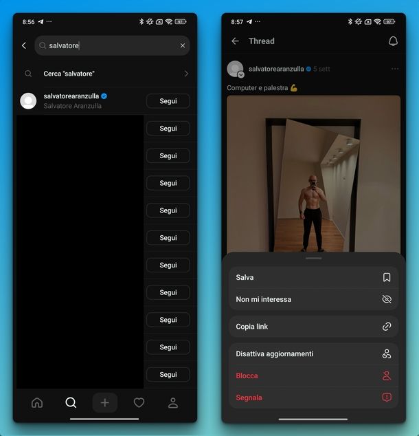 Vedere commenti Threads di una persona Android