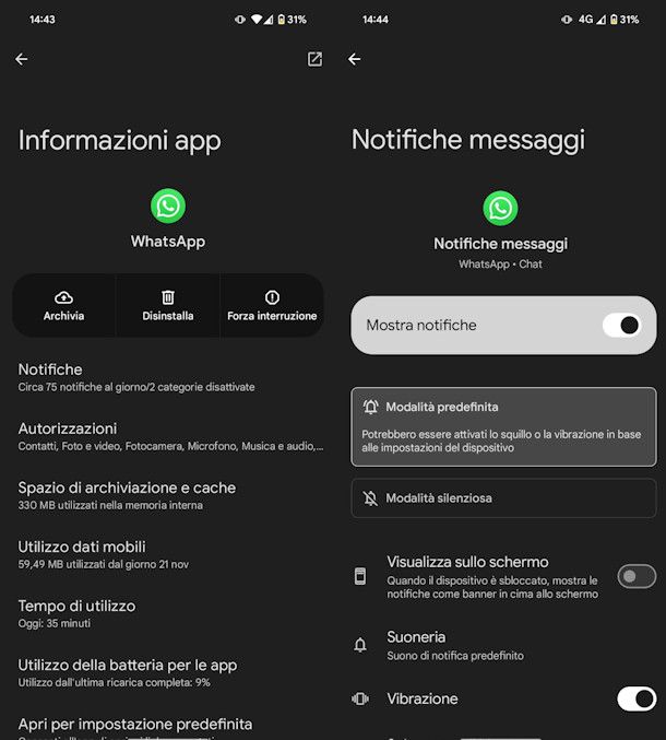 Disattivare la visualizzazione delle notifiche