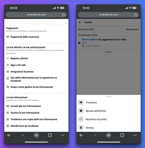 Post cancellato Facebook Web mobile