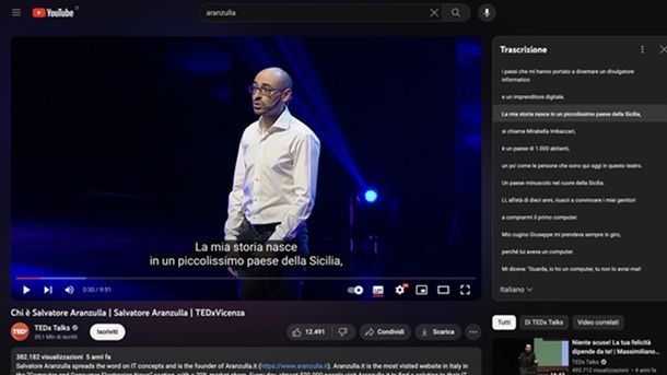 Funzione di trascrizione integrata YouTube