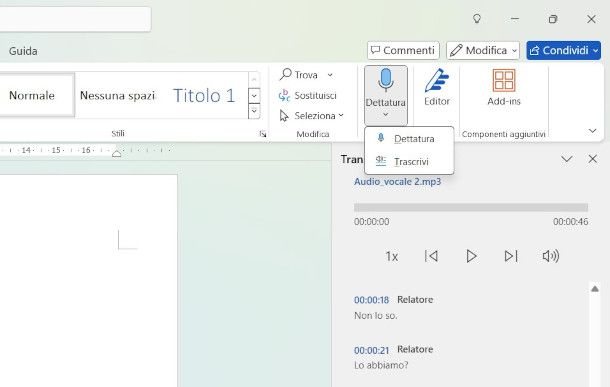 funzione di trascrizione Word