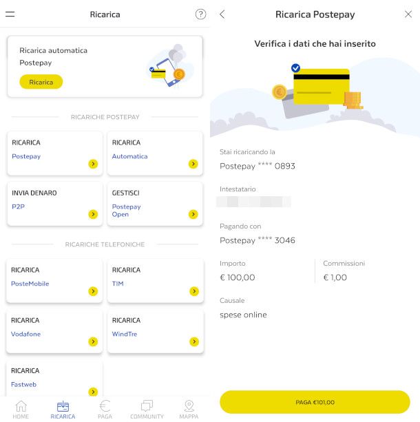 ricarica postepay da app