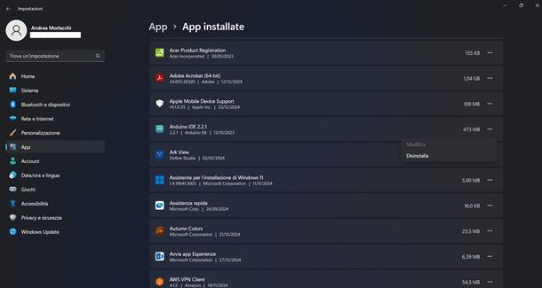 disinstallare programmi windows 11