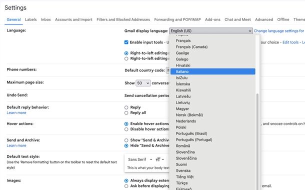 Impostare Gmail in italiano
