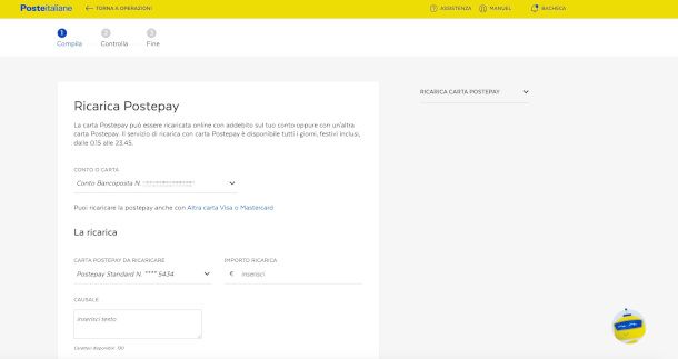 ricarica Postepay da conto Bancoposta via Web