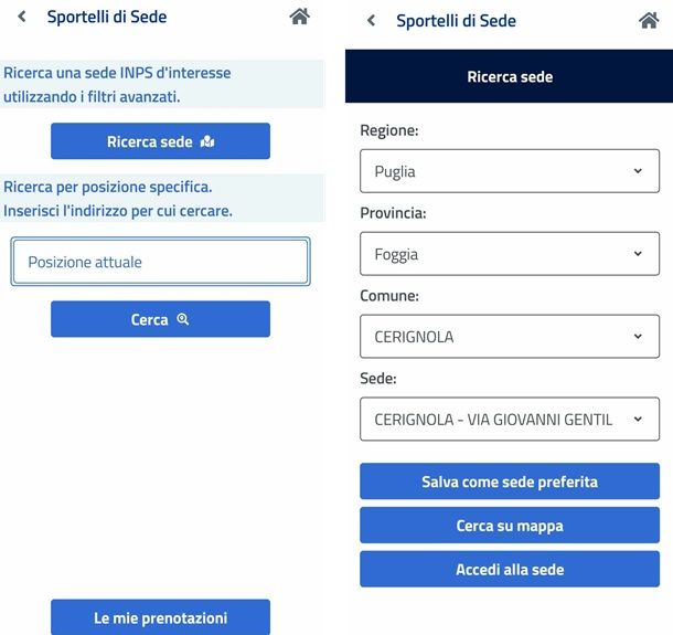 Sedi per appuntamento INPS da app 