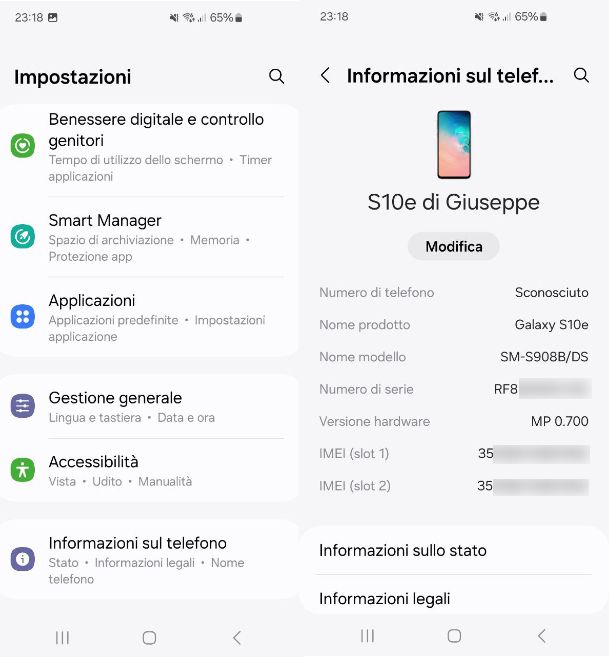 Come vedere modello cellulare Samsung