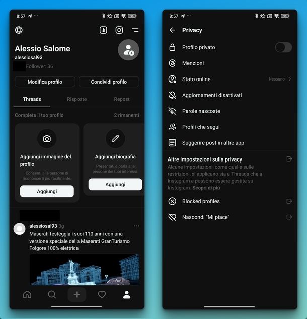 Profilo pubblico Threads Android
