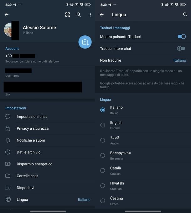 Cambiare lingua Telegram Android
