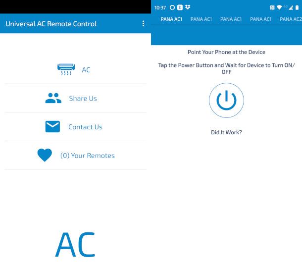 schermate app Remote AC Universal