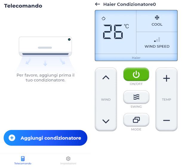 interfaccia app Telecomando del condizionatore