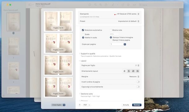 Stampare due pagine per foglio su Mac