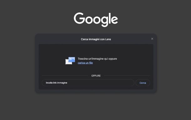 interfaccia per caricamento immagini Google Lens