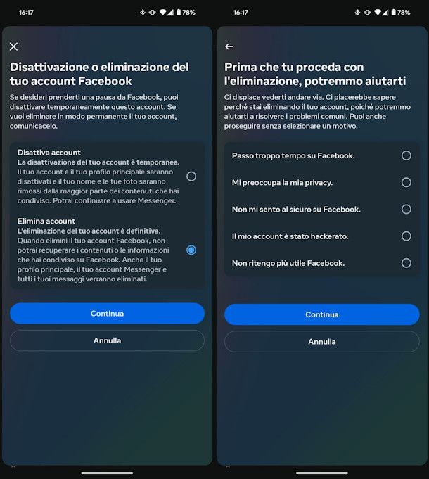 Eliminare account Facebook da app