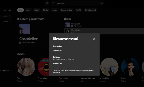 funzione Visualizza riconoscimenti su Spotify