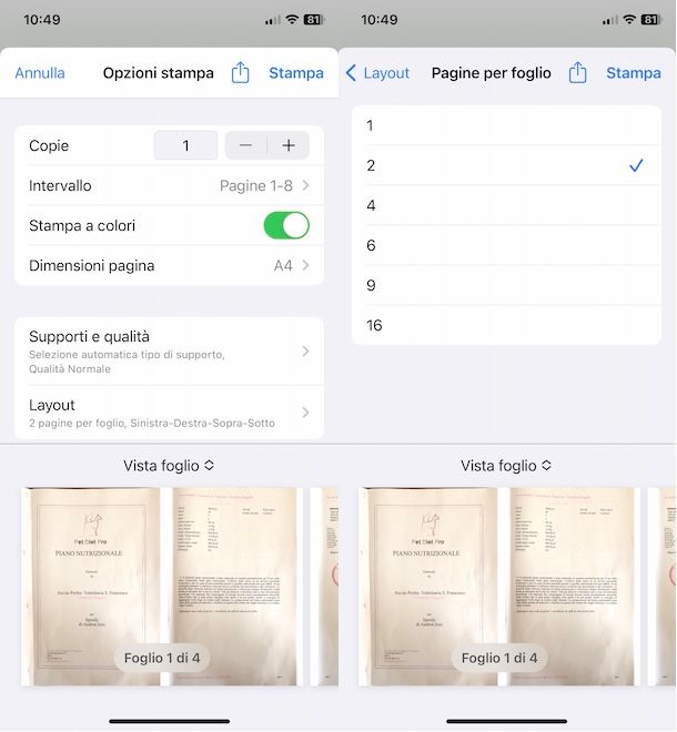 Stampare due pagine per foglio iPhone