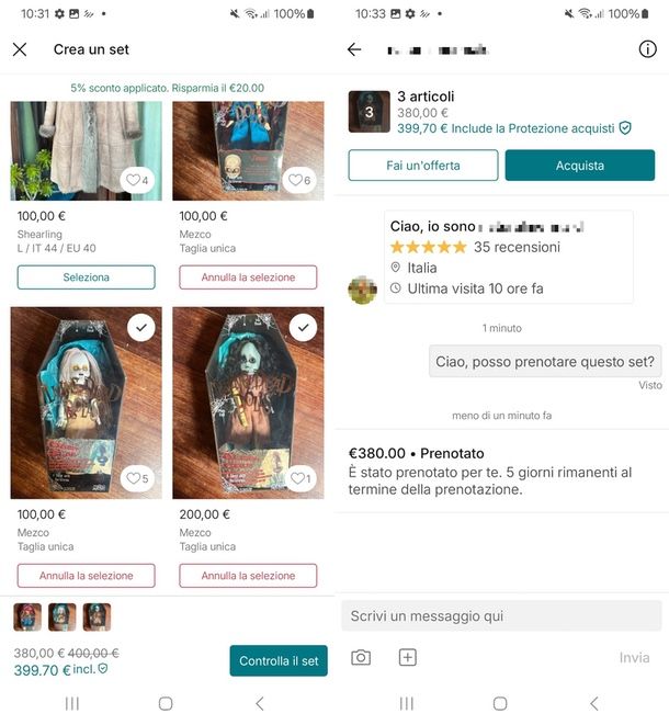 come prenotare un set su Vinted app