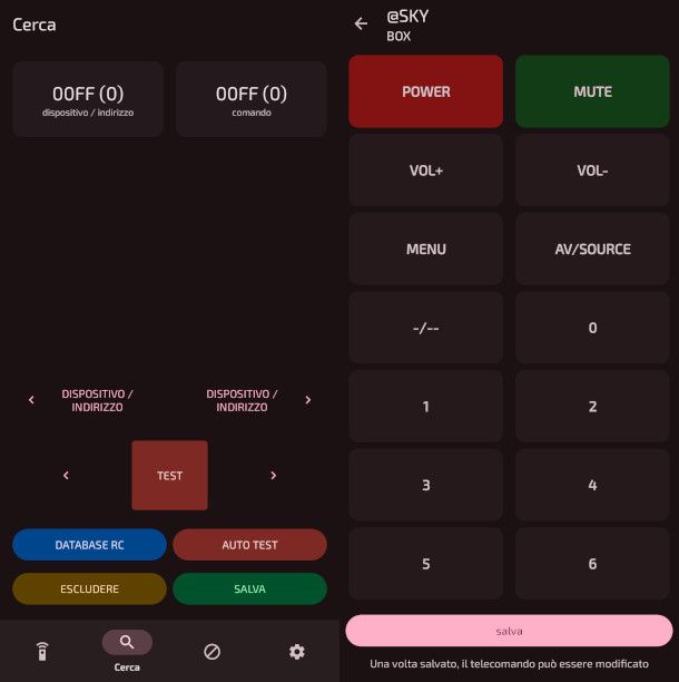 interfaccia app IR Code Finder Universal Remote