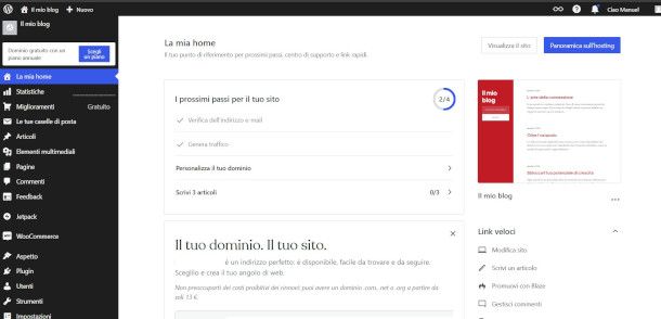sezione La mia Home interfaccia WordPress.com