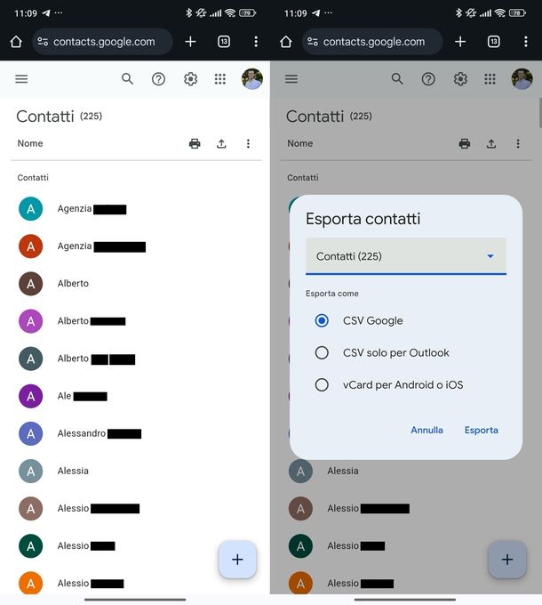 Salvare rubrica Android CSV