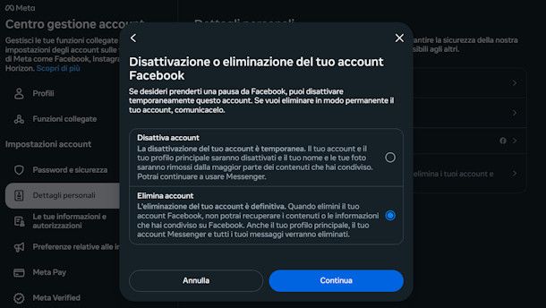 Eliminare account Facebook da PC
