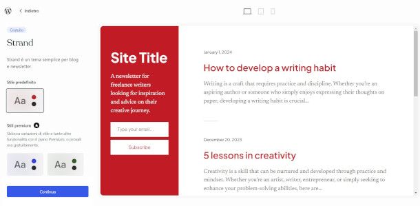 scelta tema blog gratuito su sito WordPress.com