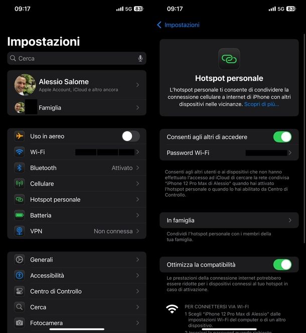 Attivare hotspot iPhone