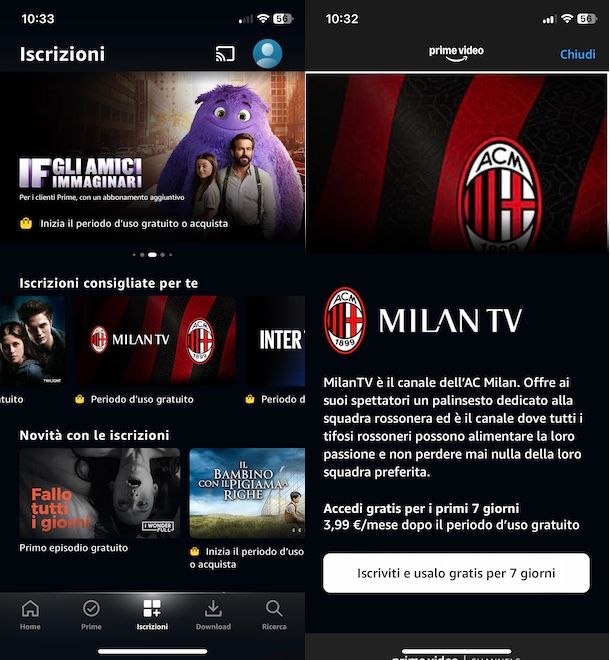 Attivare Milan TV da app Prime Video