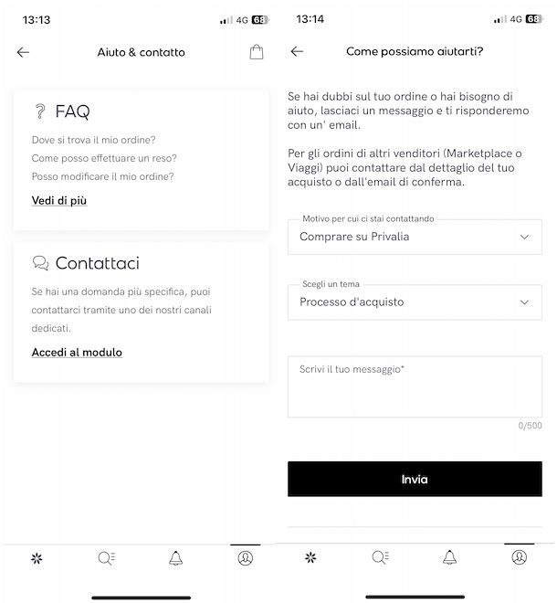 Contattare Privalia da app