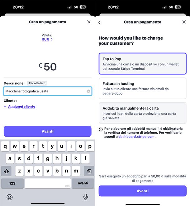 Stripe screenshot pagamento tap to pay