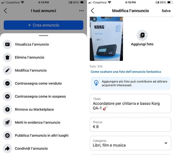 come modificare annunci Marketplace su Facebook