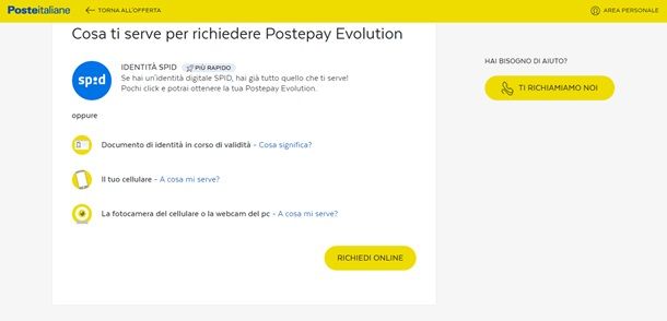 La procedura per richiedere la carta Postepay Evolution online