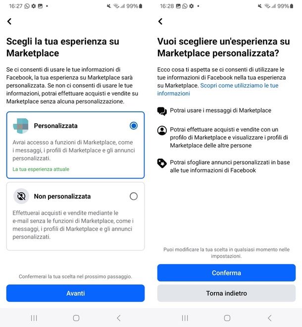 come personalizzare esperienza Markeplace su Facebook app