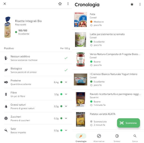 schermate cronologia e dettaglio prodotto app Yuka