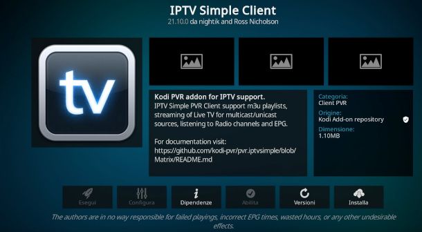 schermata addon IPTV Kodi