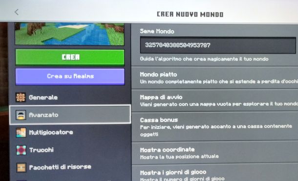 schermata impostazione seed Minecraft Bedrock su console