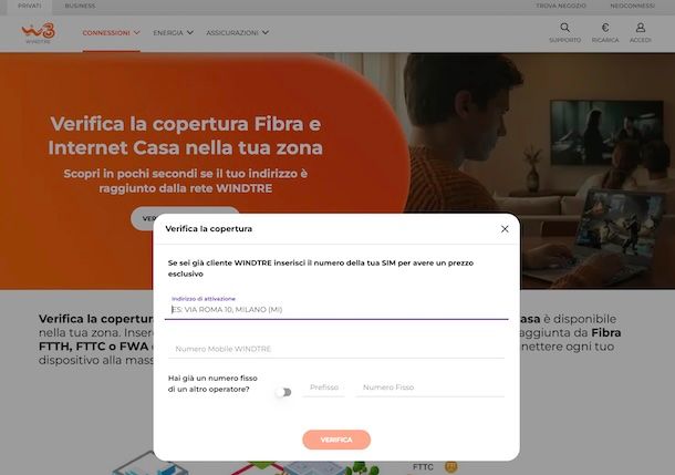 Verifica copertura fibra WINDTRE