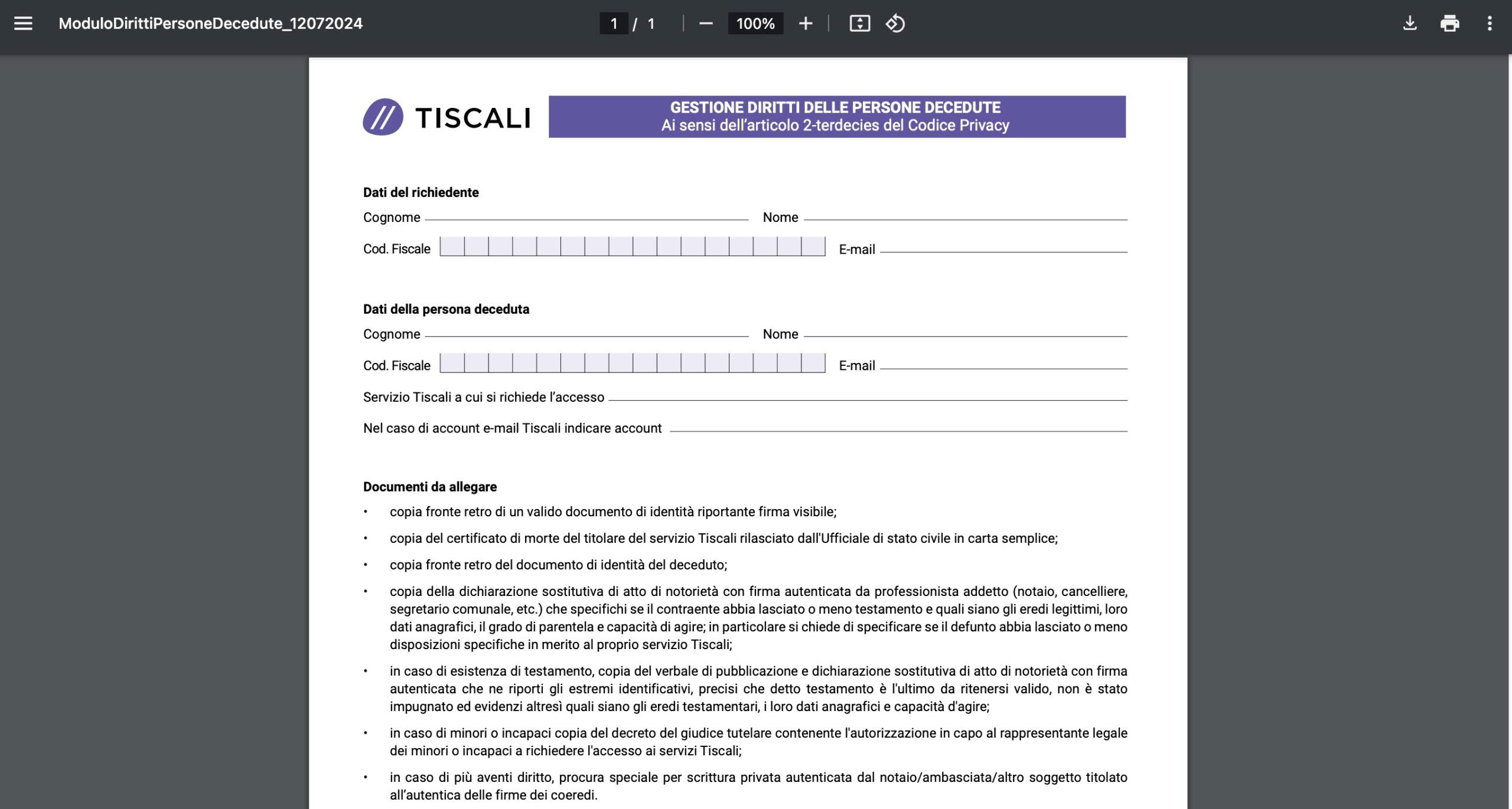 Disdetta Tiscali decesso