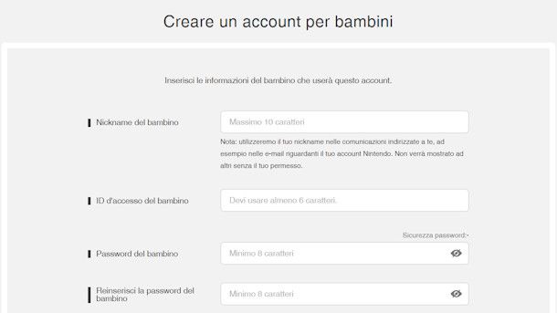 Creare account bambini Nintendo