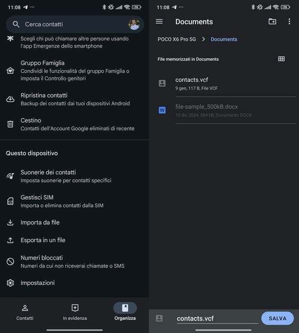 Salvare rubrica Android VCF